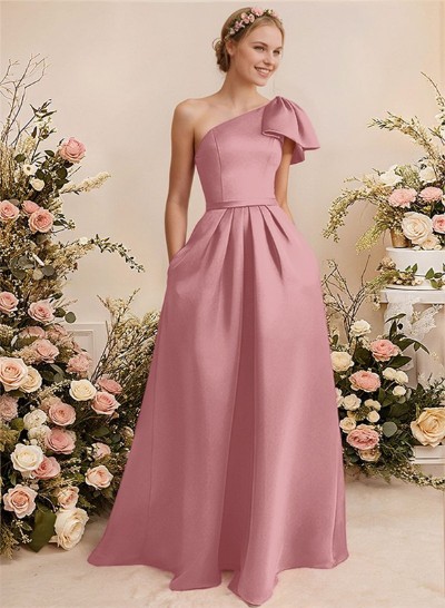 A-Line One-Shoulder Sleeveless Satin Bridesmaid Dresses With Bow(s)/Pockets