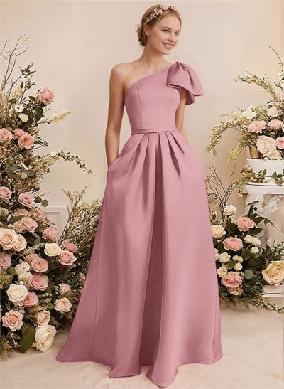 A-Line One-Shoulder Sleeveless Satin Bridesmaid Dresses With Bow(s)/Pockets