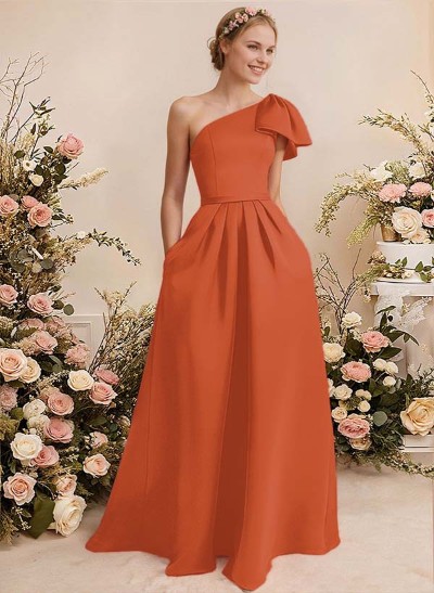 A-Line One-Shoulder Sleeveless Satin Bridesmaid Dresses With Bow(s)/Pockets