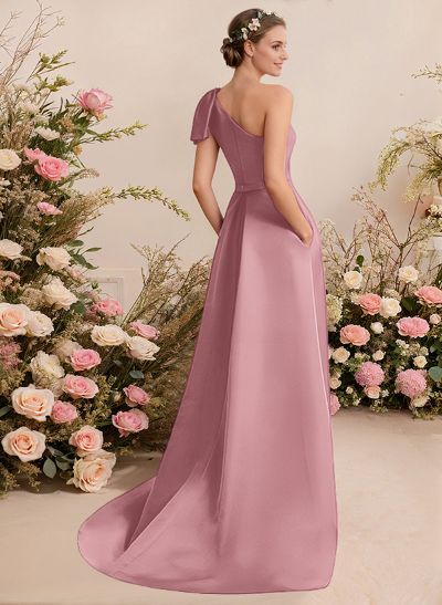 A-Line One-Shoulder Sleeveless Satin Bridesmaid Dresses With Bow(s)/Pockets