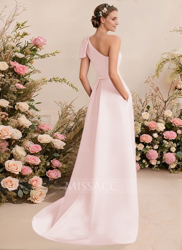 A-Line One-Shoulder Sleeveless Satin Bridesmaid Dresses With Bow(s)/Pockets