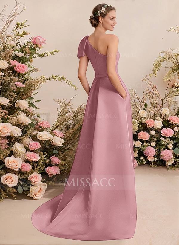 A-Line One-Shoulder Sleeveless Satin Bridesmaid Dresses With Bow(s)/Pockets