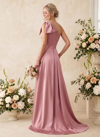 A-Line One-Shoulder Sleeveless Satin Bridesmaid Dresses With Bow(s)/Pockets