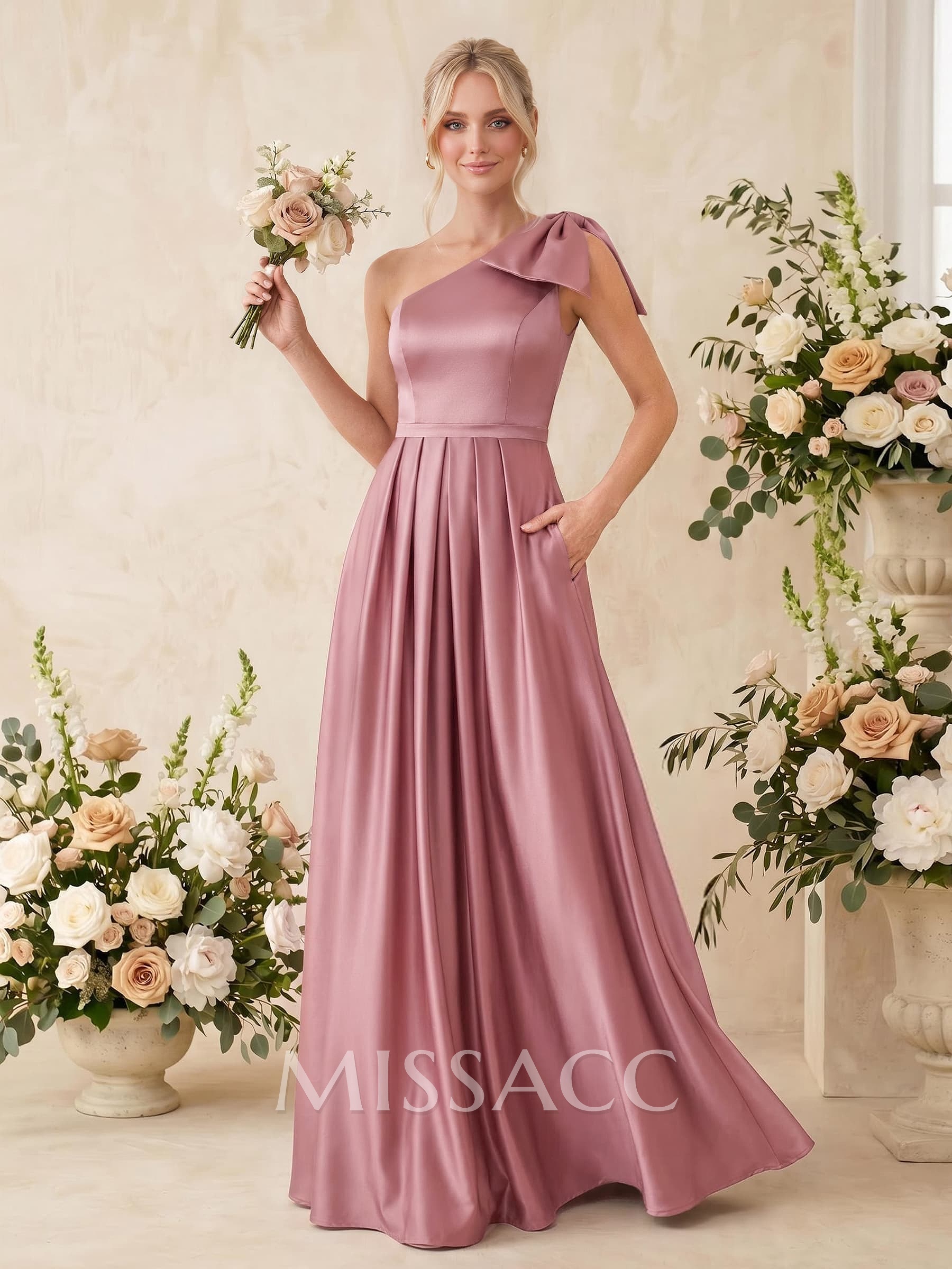 A-Line One-Shoulder Sleeveless Satin Bridesmaid Dresses With Bow(s)/Pockets A-Line One-Shoulder Sleeveless Satin Bridesmaid Dresses With Bow(s)/Pockets
