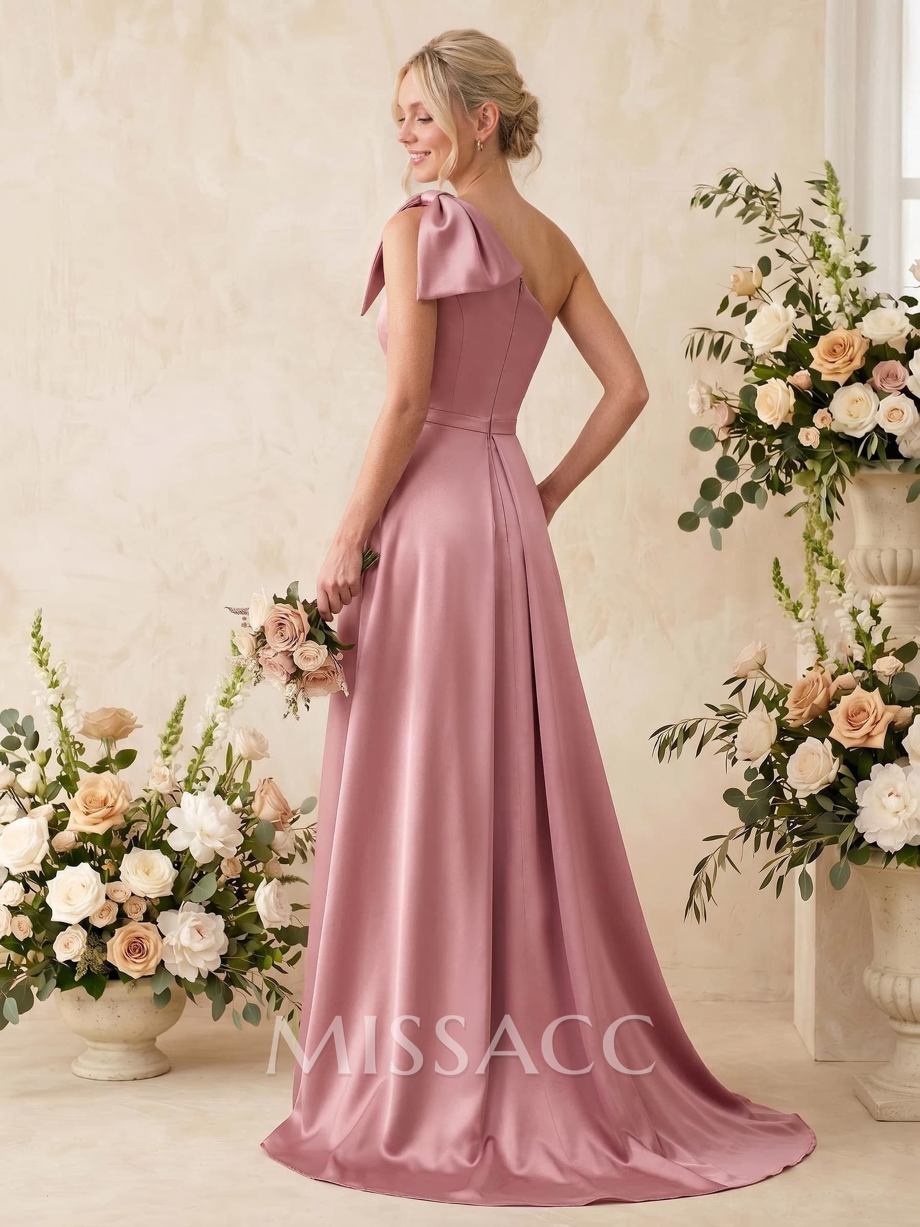 A-Line One-Shoulder Sleeveless Satin Bridesmaid Dresses With Bow(s)/Pockets A-Line One-Shoulder Sleeveless Satin Bridesmaid Dresses With Bow(s)/Pockets