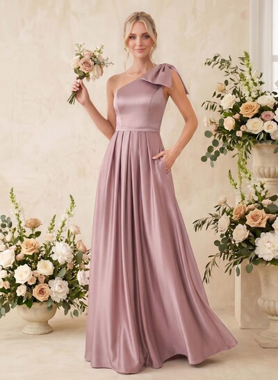 A-Line One-Shoulder Sleeveless Satin Bridesmaid Dresses With Bow(s)/Pockets