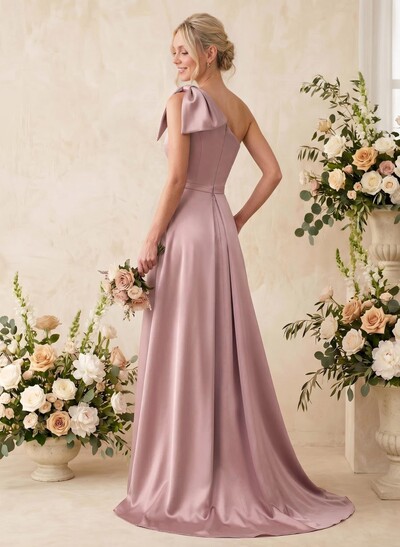 A-Line One-Shoulder Sleeveless Satin Bridesmaid Dresses With Bow(s)/Pockets