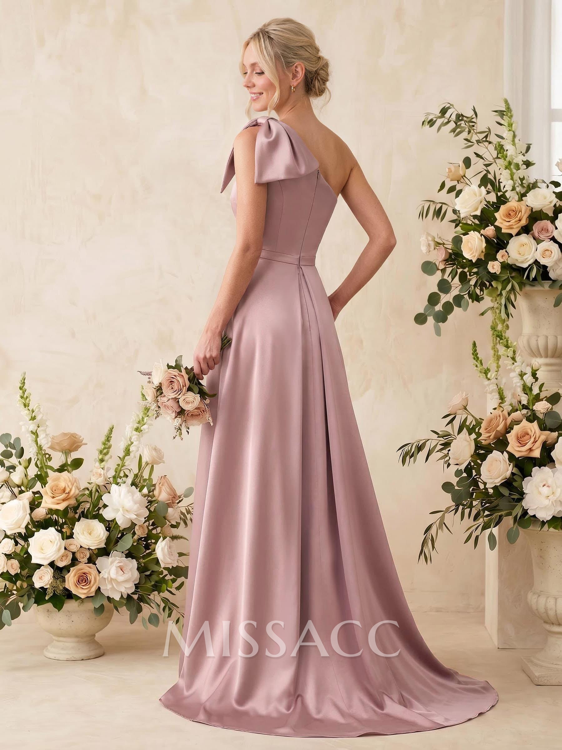 A-Line One-Shoulder Sleeveless Satin Bridesmaid Dresses With Bow(s)/Pockets