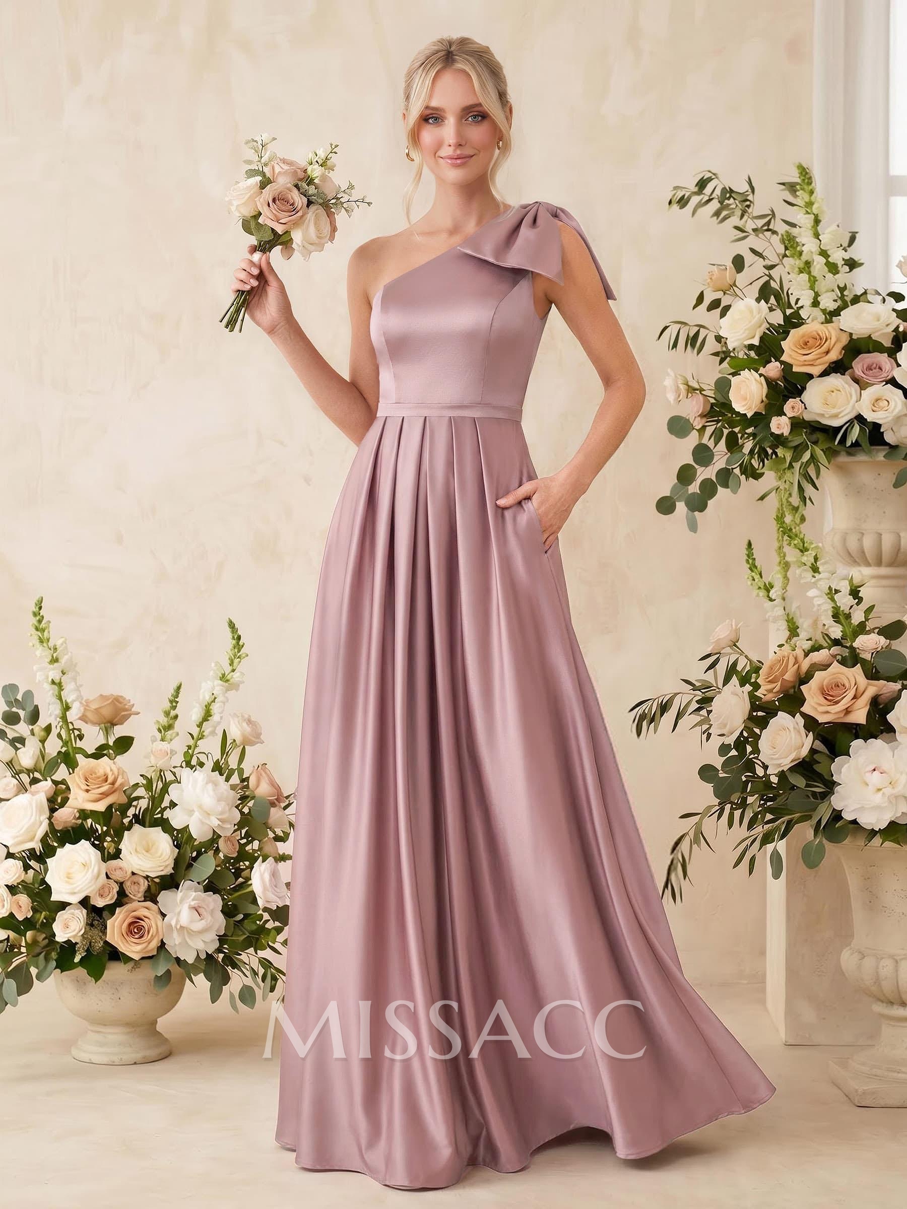 A-Line One-Shoulder Sleeveless Satin Bridesmaid Dresses With Bow(s)/Pockets