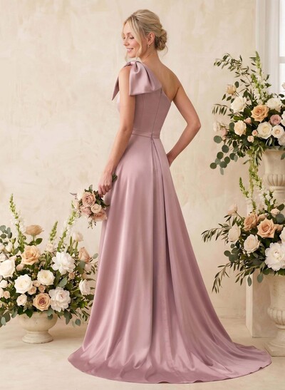 A-Line One-Shoulder Sleeveless Satin Bridesmaid Dresses With Bow(s)/Pockets