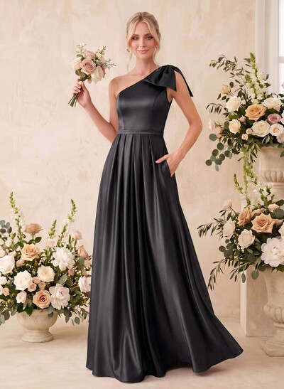 A-Line One-Shoulder Sleeveless Satin Bridesmaid Dresses With Bow(s)/Pockets