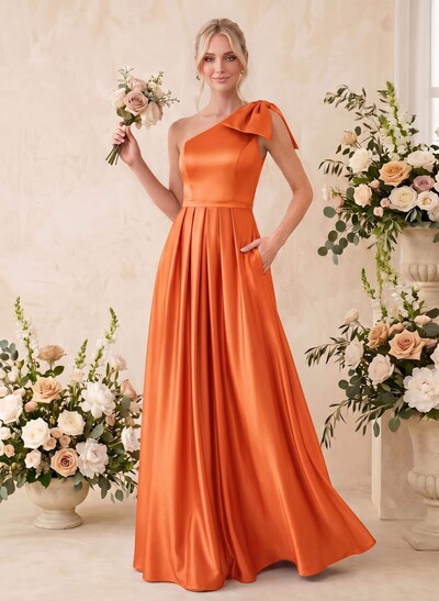 A-Line One-Shoulder Sleeveless Satin Bridesmaid Dresses With Bow(s)/Pockets