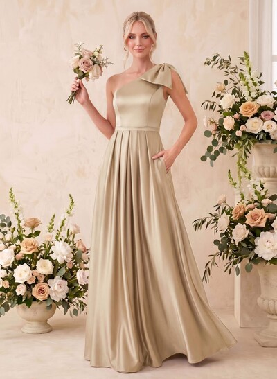 A-Line One-Shoulder Sleeveless Satin Bridesmaid Dresses With Bow(s)/Pockets