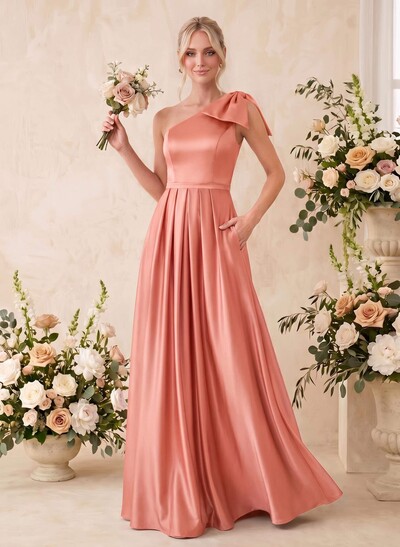 A-Line One-Shoulder Sleeveless Satin Bridesmaid Dresses With Bow(s)/Pockets
