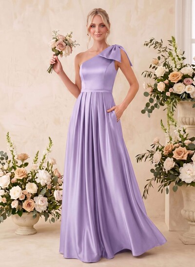 A-Line One-Shoulder Sleeveless Satin Bridesmaid Dresses With Bow(s)/Pockets