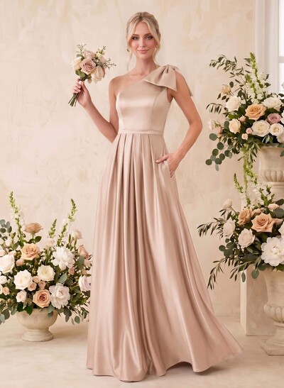 A-Line One-Shoulder Sleeveless Satin Bridesmaid Dresses With Bow(s)/Pockets