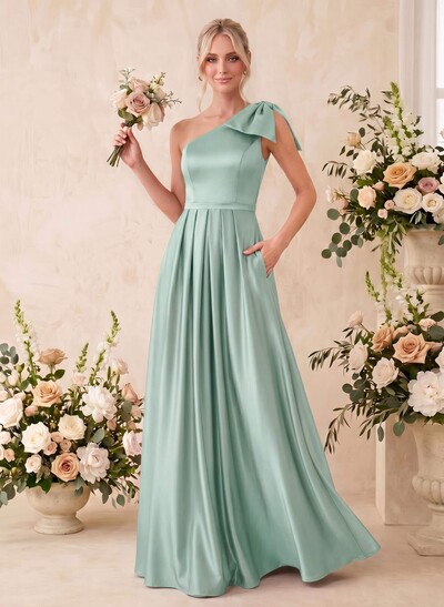 A-Line One-Shoulder Sleeveless Satin Bridesmaid Dresses With Bow(s)/Pockets