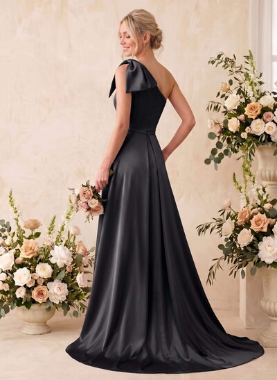 A-Line One-Shoulder Sleeveless Satin Bridesmaid Dresses With Bow(s)/Pockets
