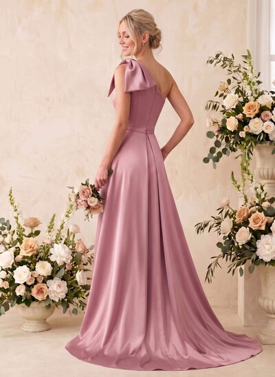 A-Line One-Shoulder Sleeveless Satin Bridesmaid Dresses With Bow(s)/Pockets