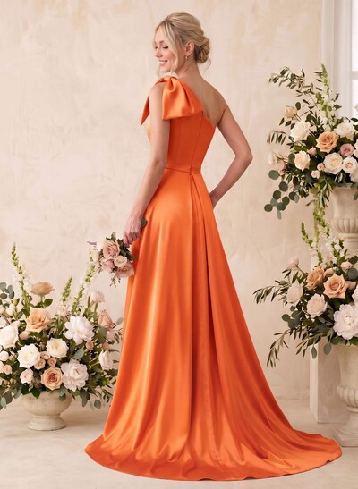 A-Line One-Shoulder Sleeveless Satin Bridesmaid Dresses With Bow(s)/Pockets