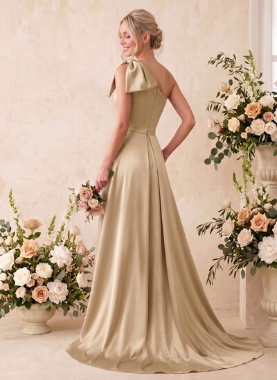 A-Line One-Shoulder Sleeveless Satin Bridesmaid Dresses With Bow(s)/Pockets
