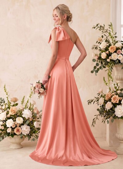 A-Line One-Shoulder Sleeveless Satin Bridesmaid Dresses With Bow(s)/Pockets