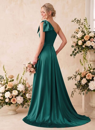 A-Line One-Shoulder Sleeveless Satin Bridesmaid Dresses With Bow(s)/Pockets