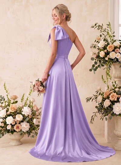A-Line One-Shoulder Sleeveless Satin Bridesmaid Dresses With Bow(s)/Pockets