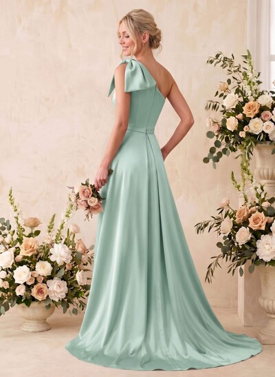 A-Line One-Shoulder Sleeveless Satin Bridesmaid Dresses With Bow(s)/Pockets