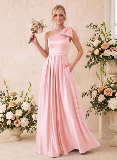 A-Line One-Shoulder Sleeveless Satin Bridesmaid Dresses With Bow(s)/Pockets