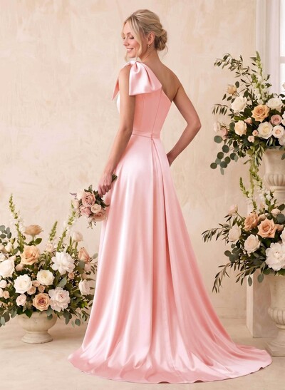 A-Line One-Shoulder Sleeveless Satin Bridesmaid Dresses With Bow(s)/Pockets