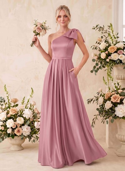 A-Line One-Shoulder Sleeveless Satin Bridesmaid Dresses With Bow(s)/Pockets
