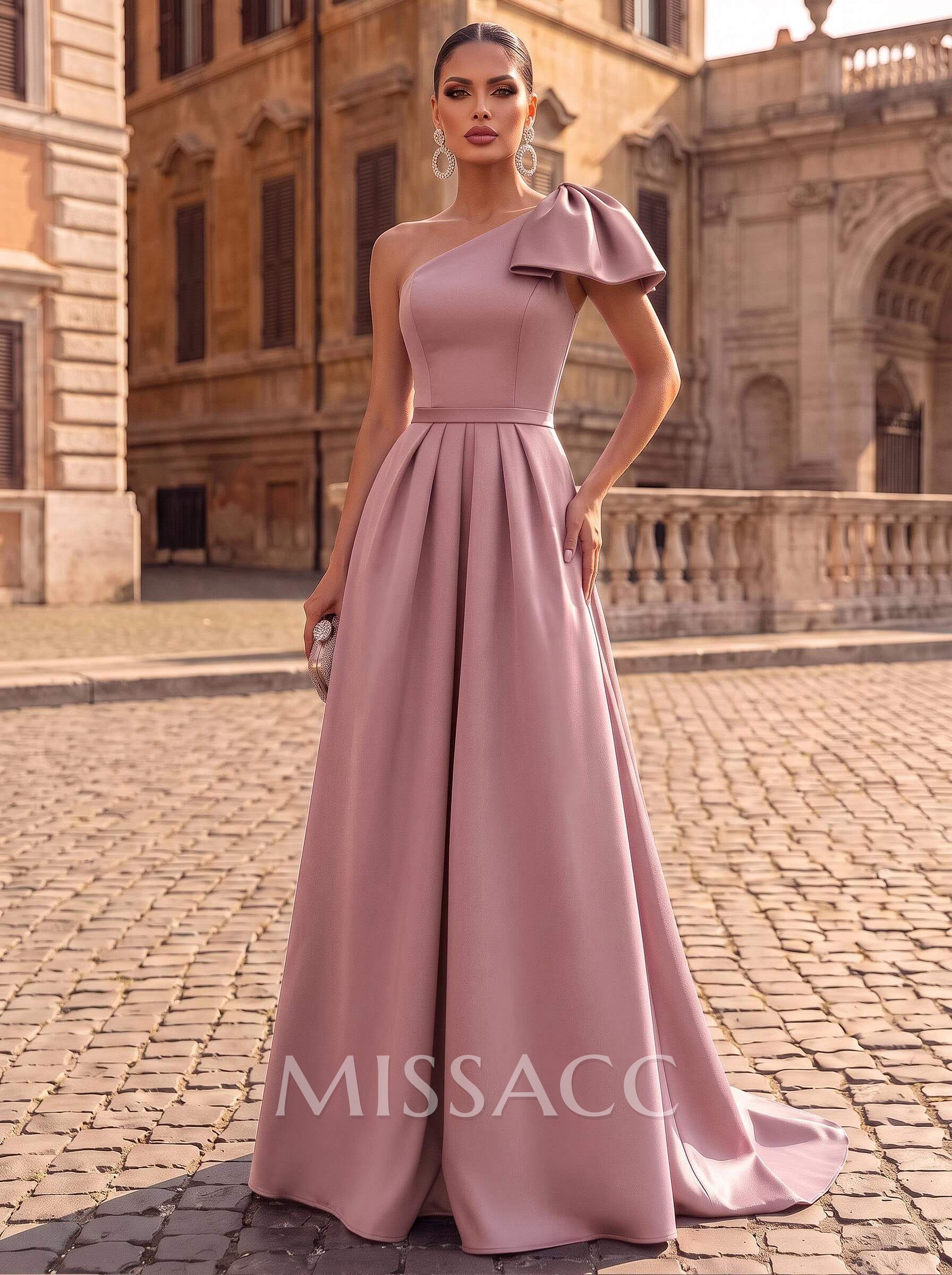 A-Line One-Shoulder Sleeveless Satin Bridesmaid Dresses With Bow(s)/Pockets A-Line One-Shoulder Sleeveless Satin Bridesmaid Dresses With Bow(s)/Pockets