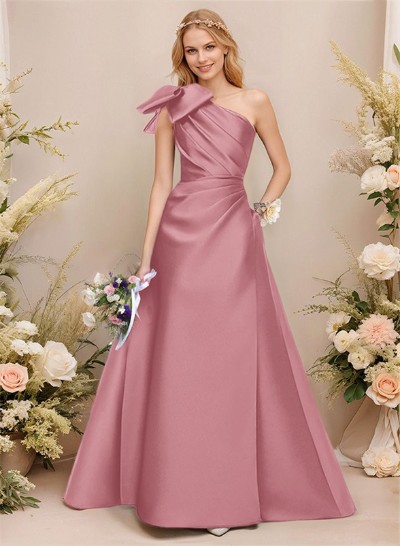 A-Line One-Shoulder Sleeveless Satin Bridesmaid Dresses With Bow(s)/Pockets