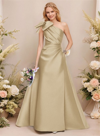 A-Line One-Shoulder Sleeveless Satin Bridesmaid Dresses With Bow(s)/Pockets