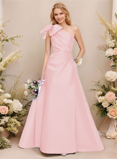 A-Line One-Shoulder Sleeveless Satin Bridesmaid Dresses With Bow(s)/Pockets