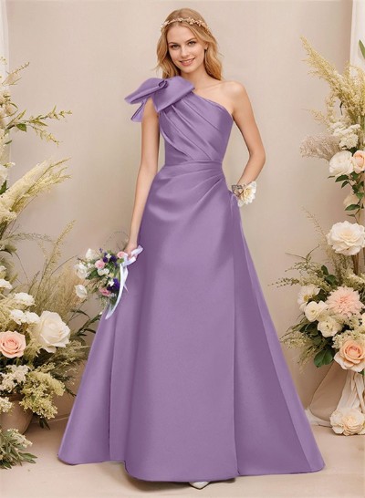 A-Line One-Shoulder Sleeveless Satin Bridesmaid Dresses With Bow(s)/Pockets