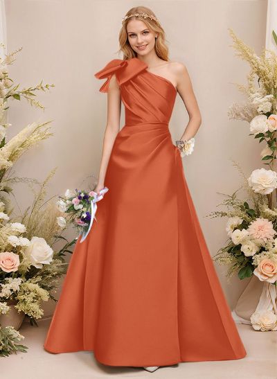 A-Line One-Shoulder Sleeveless Satin Bridesmaid Dresses With Bow(s)/Pockets