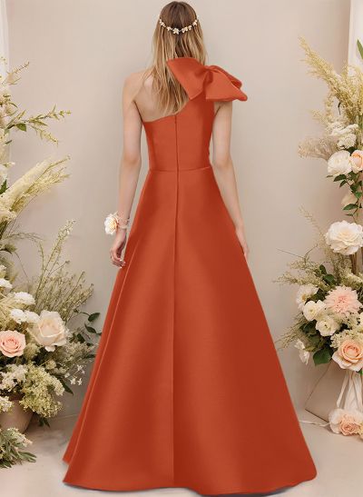 A-Line One-Shoulder Sleeveless Satin Bridesmaid Dresses With Bow(s)/Pockets