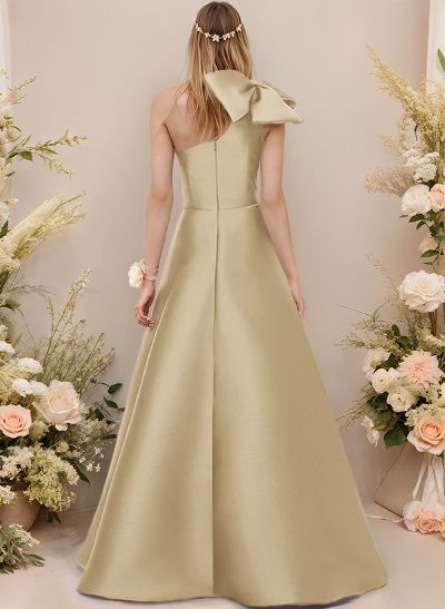 A-Line One-Shoulder Sleeveless Satin Bridesmaid Dresses With Bow(s)/Pockets