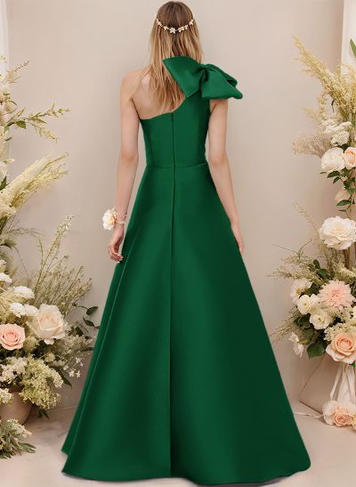 A-Line One-Shoulder Sleeveless Satin Bridesmaid Dresses With Bow(s)/Pockets