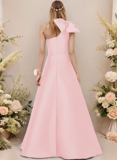 A-Line One-Shoulder Sleeveless Satin Bridesmaid Dresses With Bow(s)/Pockets