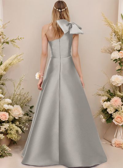 A-Line One-Shoulder Sleeveless Satin Bridesmaid Dresses With Bow(s)/Pockets