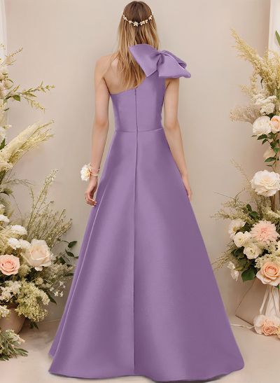 A-Line One-Shoulder Sleeveless Satin Bridesmaid Dresses With Bow(s)/Pockets