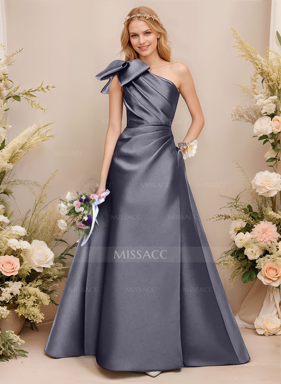 A-Line One-Shoulder Sleeveless Satin Bridesmaid Dresses With Bow(s)/Pockets