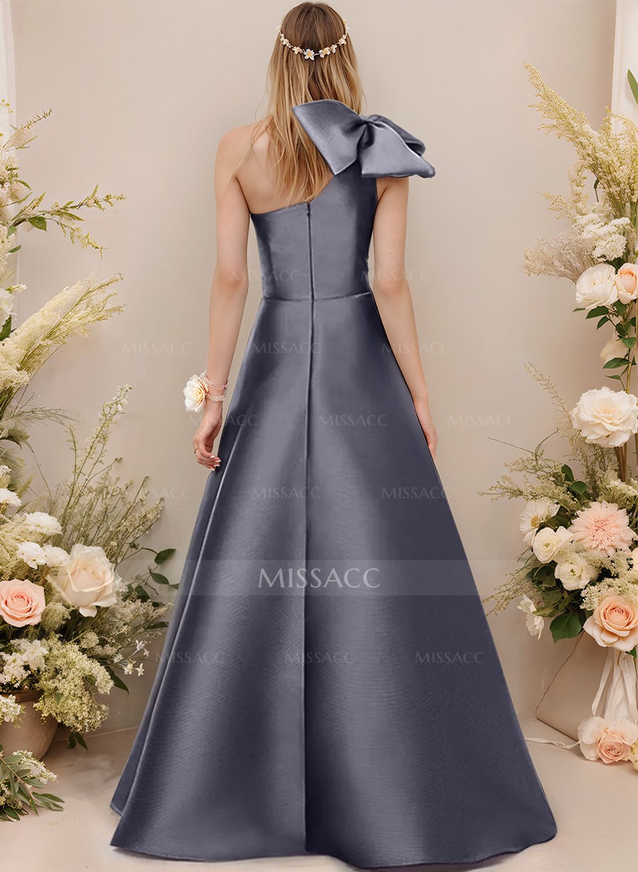 A-Line One-Shoulder Sleeveless Satin Bridesmaid Dresses With Bow(s)/Pockets