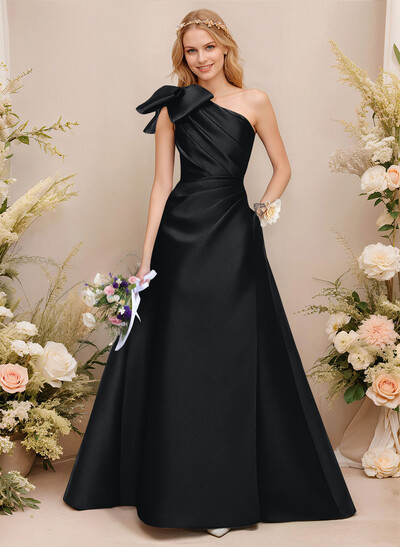 A-Line One-Shoulder Sleeveless Satin Bridesmaid Dresses With Bow(s)/Pockets