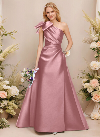 A-Line One-Shoulder Sleeveless Satin Bridesmaid Dresses With Bow(s)/Pockets