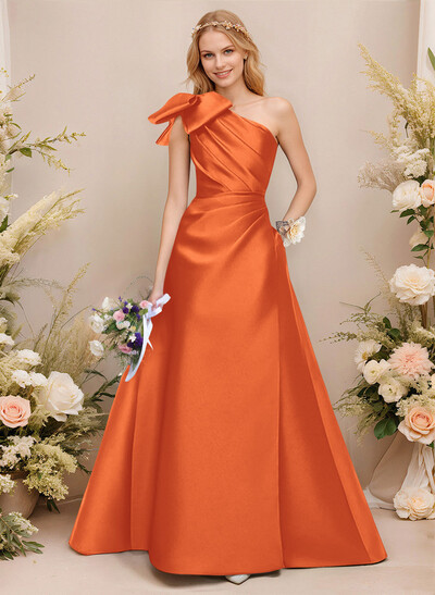 A-Line One-Shoulder Sleeveless Satin Bridesmaid Dresses With Bow(s)/Pockets