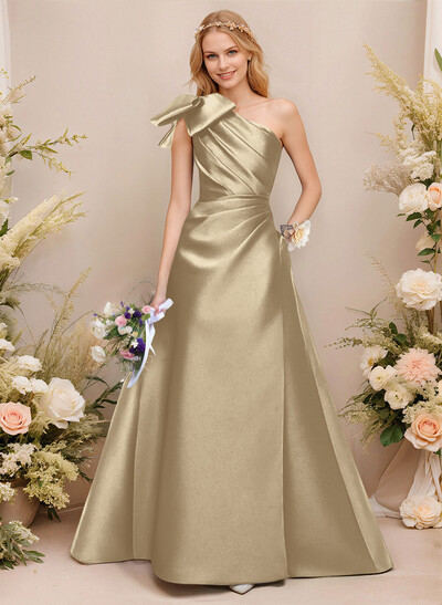 A-Line One-Shoulder Sleeveless Satin Bridesmaid Dresses With Bow(s)/Pockets